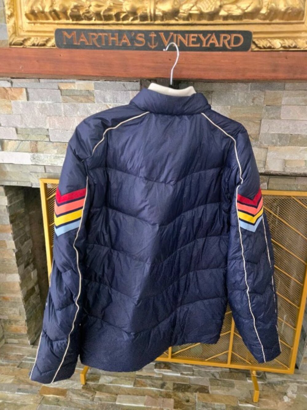 NWT Marine Layer Bode Puffer Jacket Navy Blue Large Retro Chevron Ski, SZ L - Picture 2 of 13